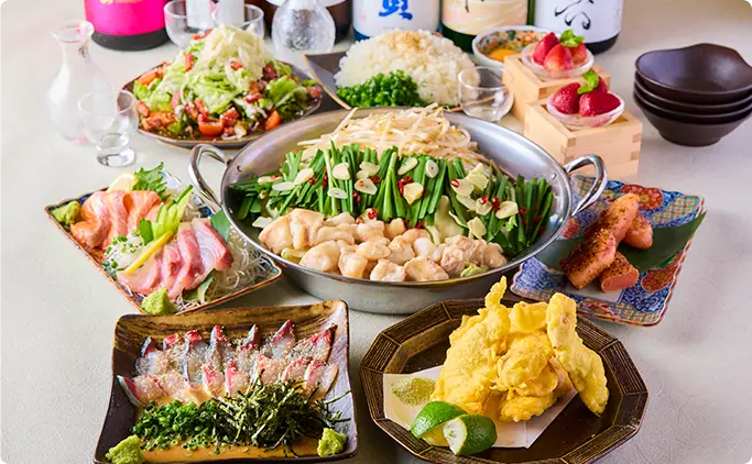 【豪華】明太子・刺身3点・胡麻鯖・もつ鍋博多贅沢コース